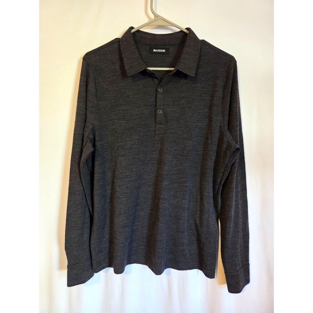 NAADAM Long Sleeve Wool Blend Polo Shirt Gray Men’s Medium Lightweight